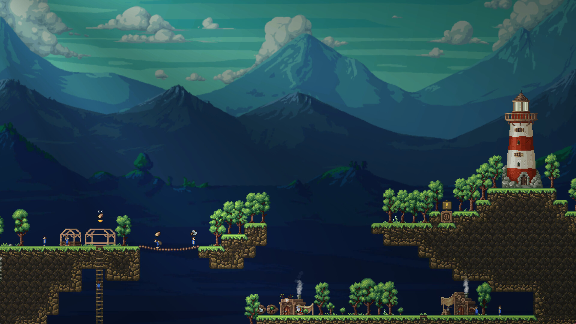 Craftlings level with islands, a lighthouse, workers, and production buildings